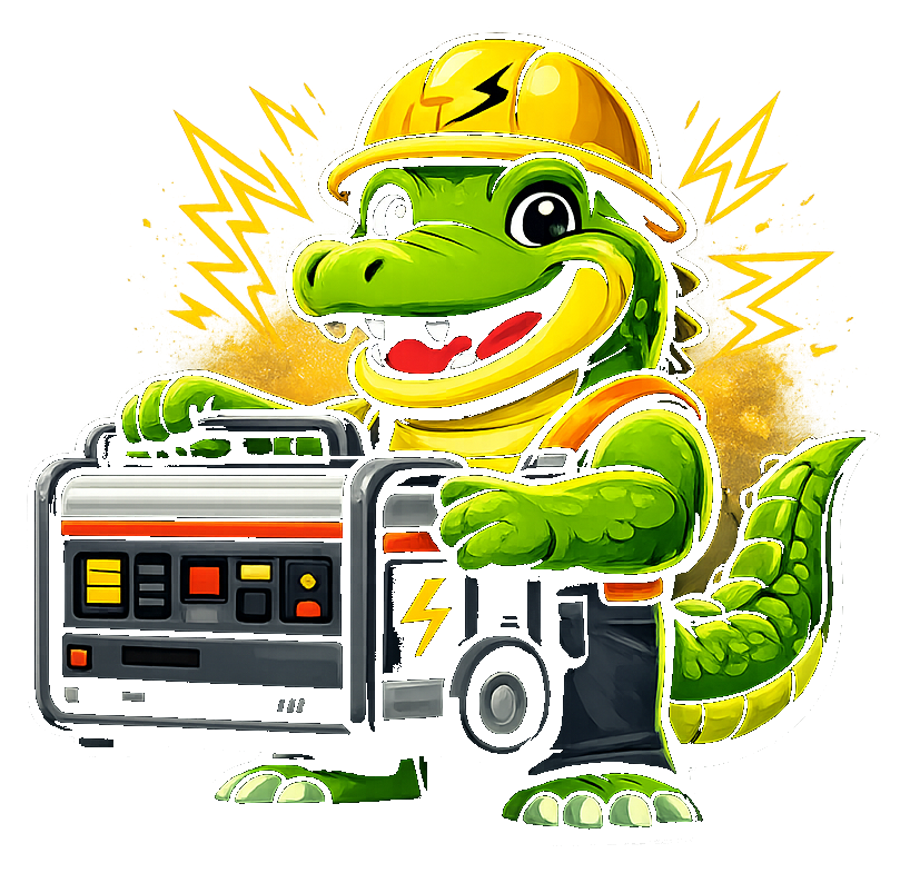Generator Gators mascot — a gator in a hard hat holding a standby generator
